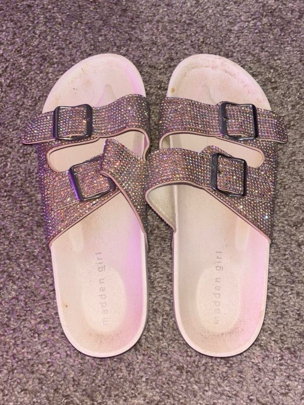 Madden Girl Rose Gold Glitter Double-Buckle Slide Sandals